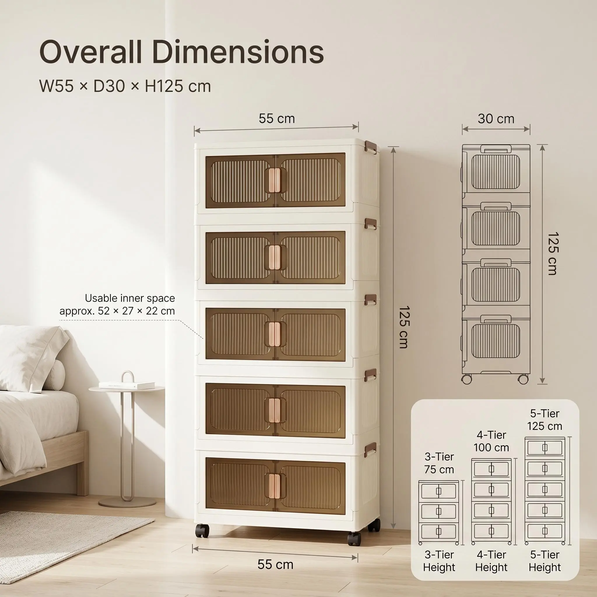 5-Tier Foldable Storage Cabinet with Doors & Wheels, Large Capacity Rolling Organizer, Stackable Storage Shelves for Bedroom, Living Room, Closet & Dorm