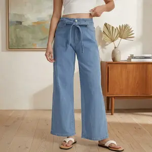 Mid-Light Blue Tie Wide-Leg Jeans for Women - Adjustable Drawstring, Distressed Wash, Drapey Slim Fit, High Waist, Loose Straight Cut, Multi-Pocket Design, American Casual Style, Ideal for Everyday Commuting