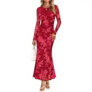 MEROKEETY Women's Fall Cocktail Formal Wedding Guest Dress Long Sleeve Maxi Bodycon Floral Mesh Winter Party Dresses