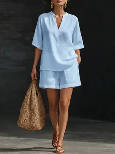 Women's Casual Loose V-Neck Two-Piece Set, Short Sleeve Tops & Shorts, European & American Style, Comfortable Summer, Womenswear