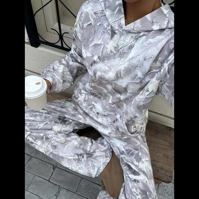 Women's Casual Fall Winter Hoodie Set, Camouflage Print, Elastic Waist Pants, Loose Fit, Thick Fabric, Daily Wear