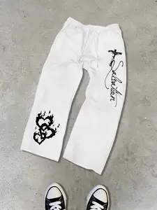 Men's Dark Religion Wide Leg Pants, Street Style Casual Fitted Trousers, Daily Wear & Trendy, All Seasons Fashion