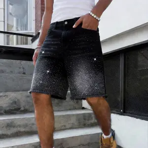 Men’s summer gradient rhinestone denim shorts, washed distressed finish, raw hem design—an everyday wardrobe essential