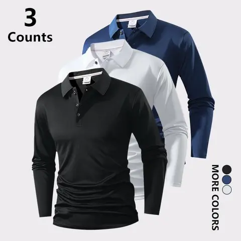 Men's 3-Pack Solid Color Long Sleeve Fitted Polo Shirts Set - Classic Breathable Lightweight Fitted Style Polo Style Tops with Buttons, Versatile for Daily Casual & Work Wear, Spring/Fall Fabric
