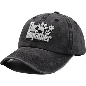 The Dogfather Paw Hat Best Dog Dad Hats Father's Day Adjustable Washed Denim Baseball Cap for Men with Embroidered Design