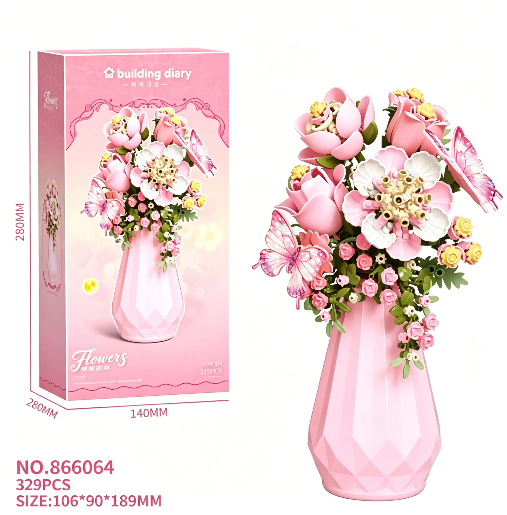 Butterfly Flowers Artificial Rose Bouquet Kit With Vase 2.5 Micro-Brick  Colorful Building Blocks Set Romantic