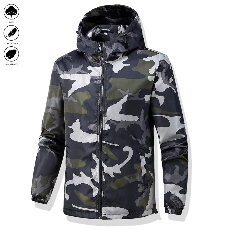 Men's clothing loose lightweight casual jacket, hiking fishing shell hooded outdoor coat, mountain climbing jacket, men's camouflage hooded casual sports jacket - men's gift recommendation