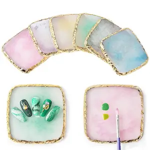 Square Gold Edge Resin Quartz Agate Nail Art Decorative Plate, Random Surface Texture, Portable Heart Shape Nail Color Display Board