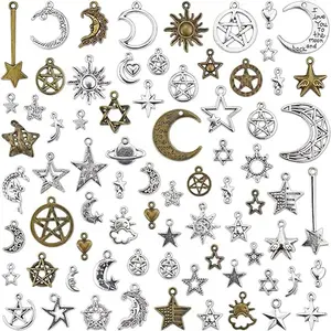 74 PCS Celestial Mixed Sun Moon Star Charms, Wholesale Bulk Lots Antique Alloy Charms Pendants DIY for Necklace Bracelet Jewelry Making and Crafting, 100g