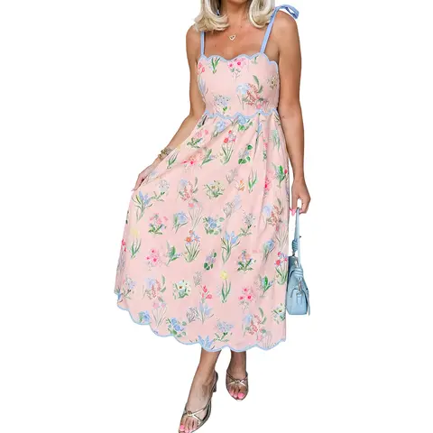 Mntaor Women's Floral Print High-Waist Midi Dress - Contrast Trim, Self-Tie Spaghetti Straps, Scallop Hem - for Summer, Beach Occasions Casual Wear Womenswear