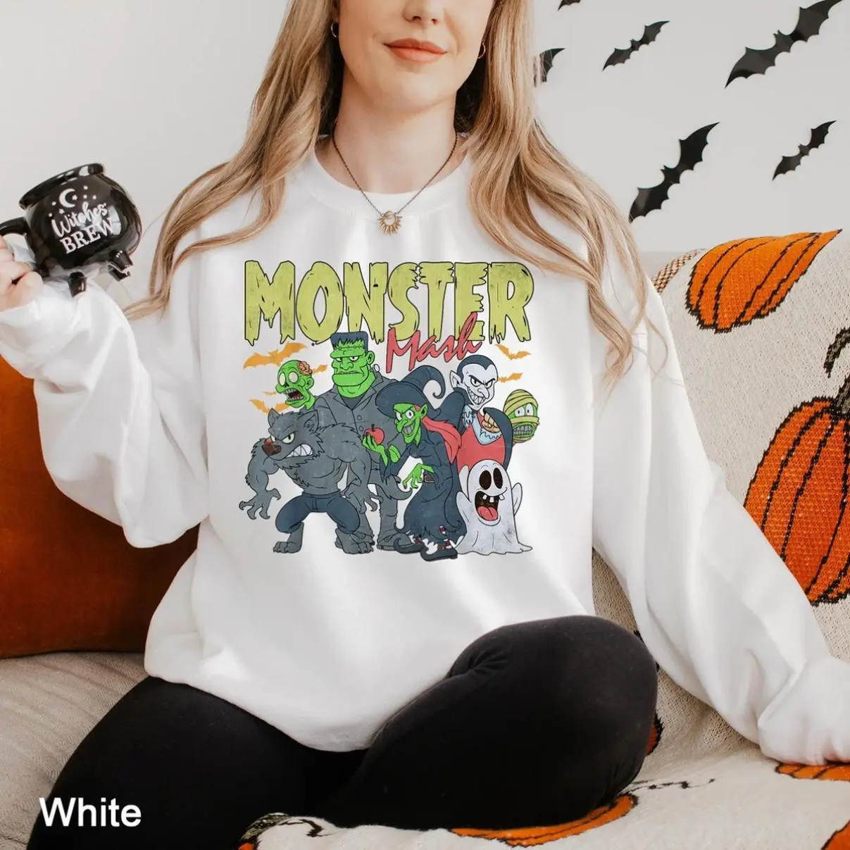 Monster Mash Ghost Halloween Sweatshirt, Retro Halloween Monster Mash Boo Ghost Witch Fall Women Sweater, Classic Styles, Full Color Range, Perfect Fit