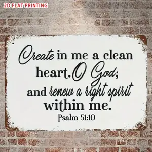 Vintage Bible Metal Wall Art, 12x8 Inch Plaque with Psalm 51:10, Rustic Home Kitchen Bar Decor, Easy to Hang