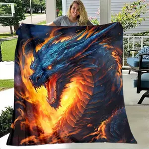 1pc Flame Dragon Thin Blanket- Lightweight Flannel Throw For Sofa, Bed, Travel, Camping, Livingroom, Office, Couch, Chair, And Bed - Digital Printing Fleece Blanket With Soft And Warm Flannel Fabric summervibes