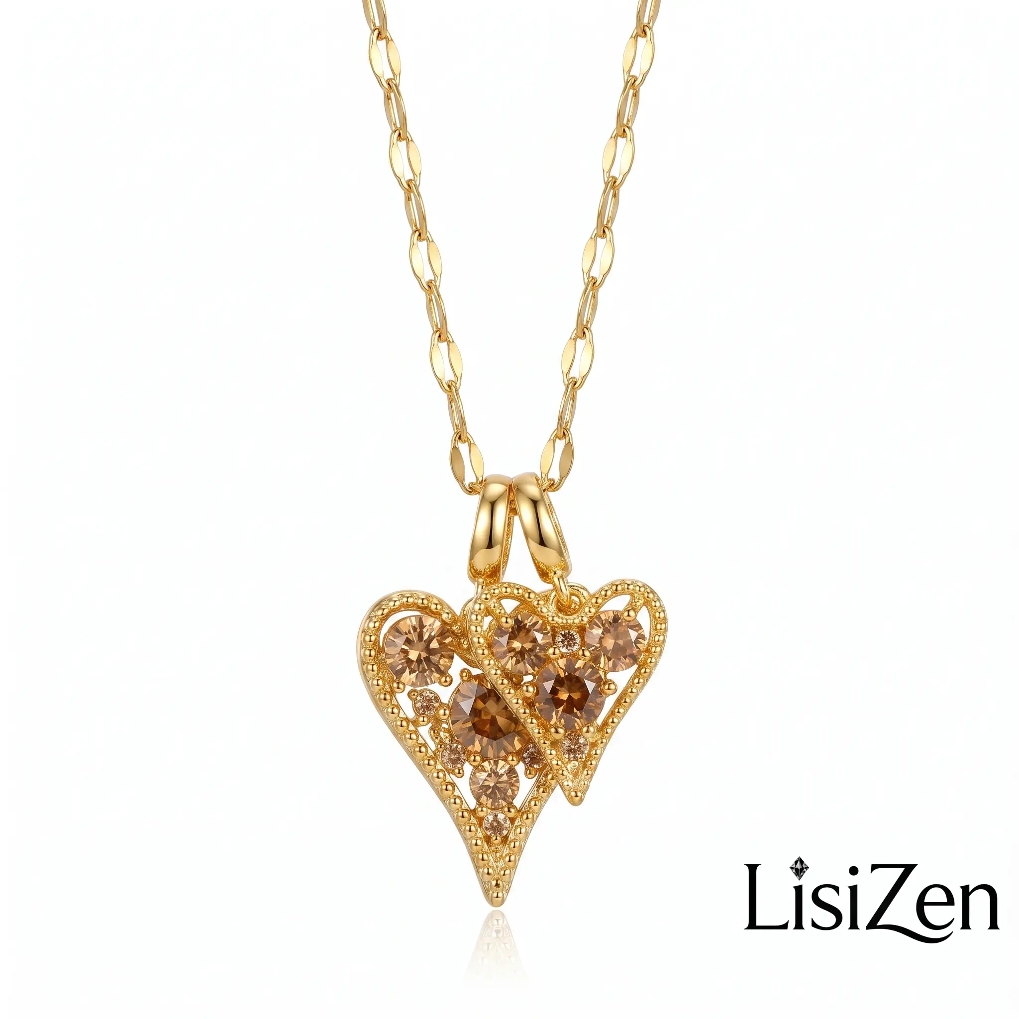 LisiZen Hollow Double Heart Jewelry Pendant, New Unique Design Korean-Style Elegant Earrings, Trendy Full-Diamond Peach Heart Necklace DZXL4071, Cute Necklaces, Gifting, Combined Setting, Adults, Casual