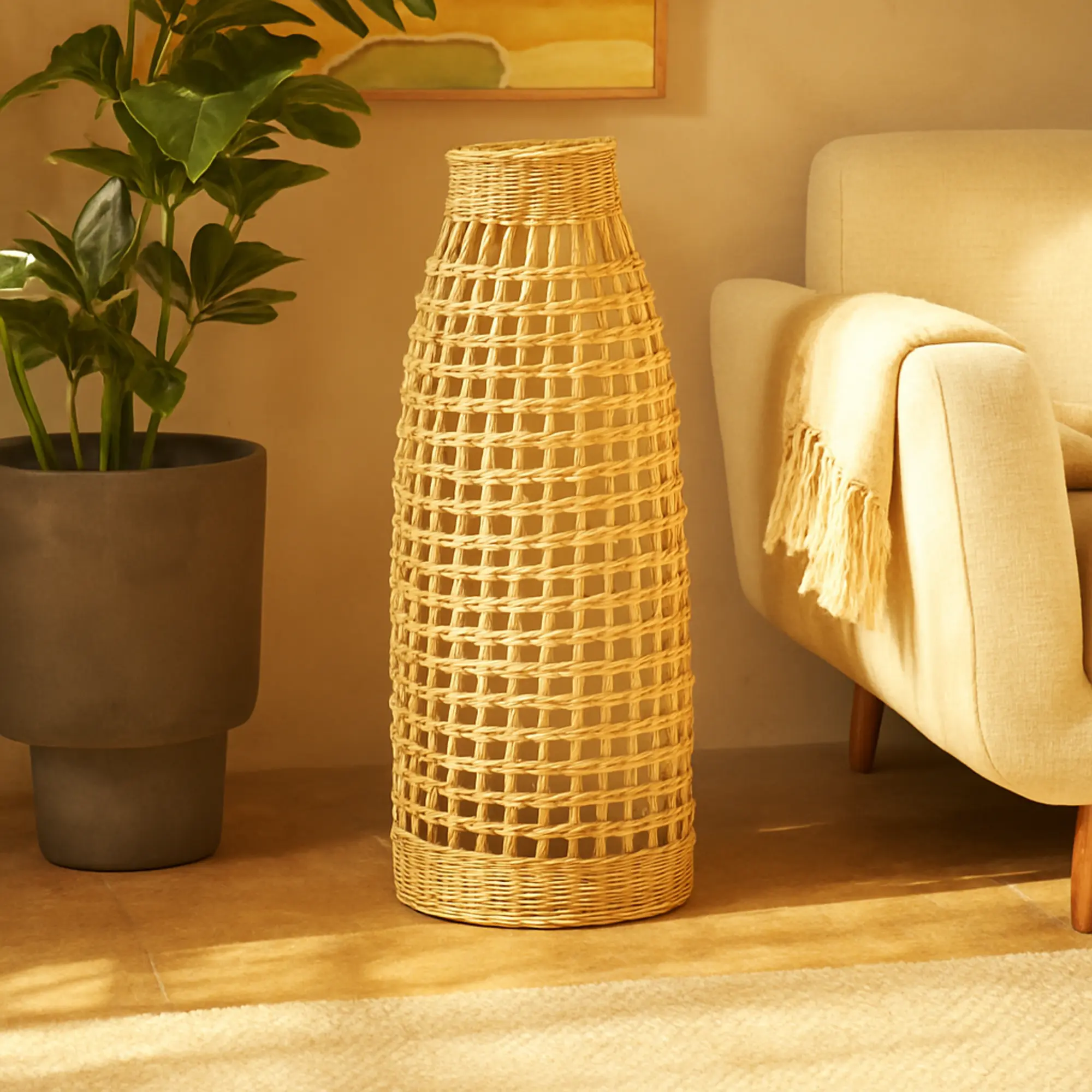 Handmade Brown Rattan Vase with Geometric Open-Frame Grid Design, Iron-Accented Home Decor Decoration, Ideal for Centerpiece or Gift, Felt, Metal