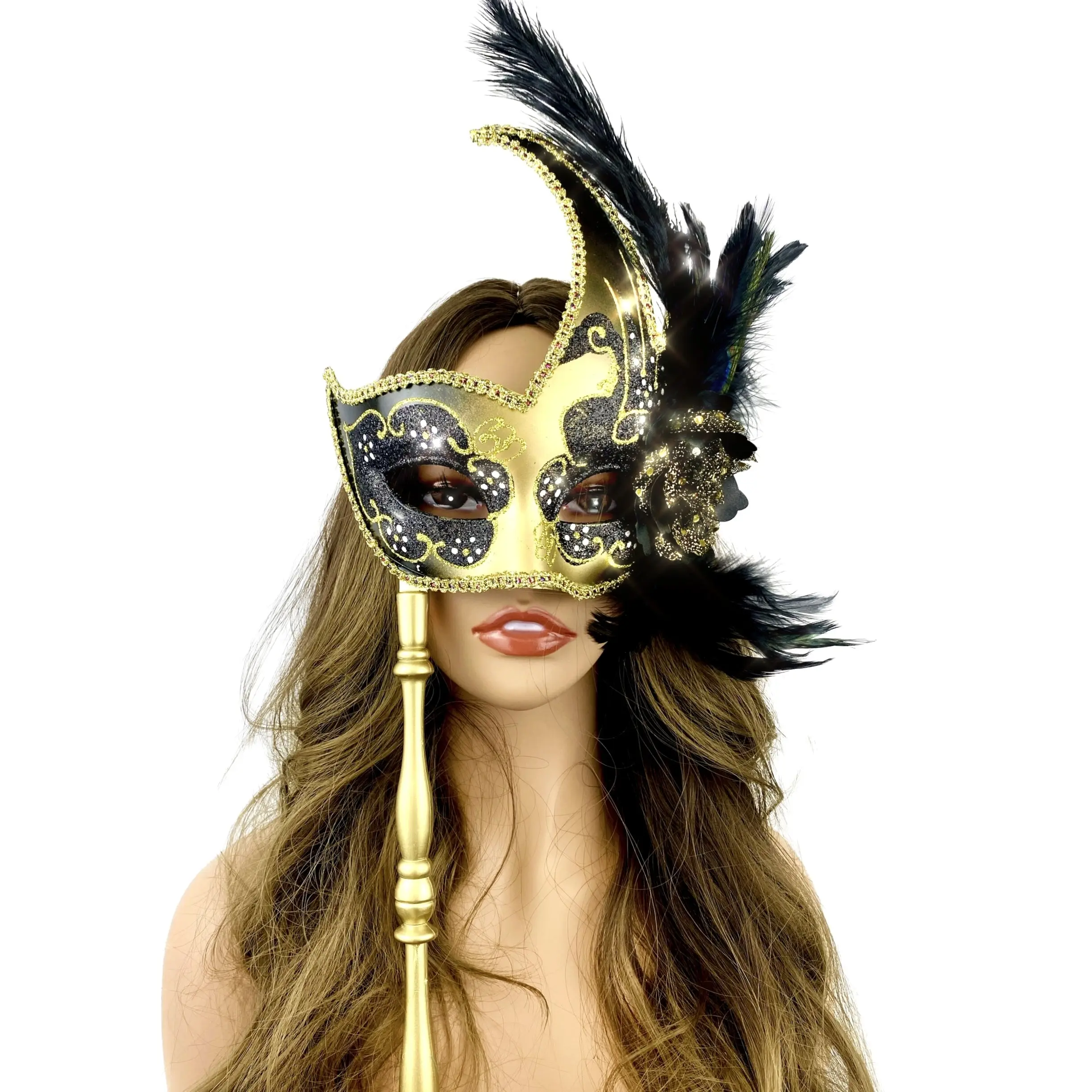 Women Venetian Feather Masquerade Party Mask With Hand Held Stick, For Halloween , Mardi Gras Costume  Masks  -Black & Gold