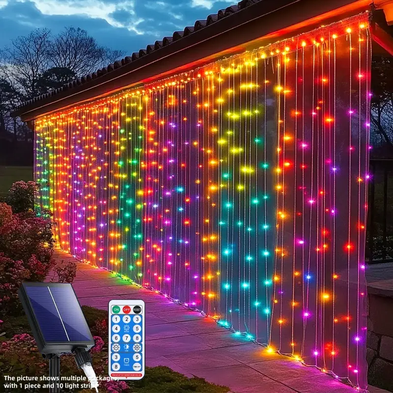 Solar Powered Curtain Light, 300LED Waterproof LED String Light with Remote Control, Outdoor Decorative Light for Home Garden Party Wedding, Garden Decorations, Design, Decorations Supplies, Outdoor Twinkle Lights, Backyard String Lights