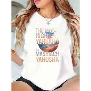 Women's The Most High Yahuah Mashiach Yahusha Beach Sunset Palm Tree Graphic T-Shirt, Casual Summer Beach Vacation Top