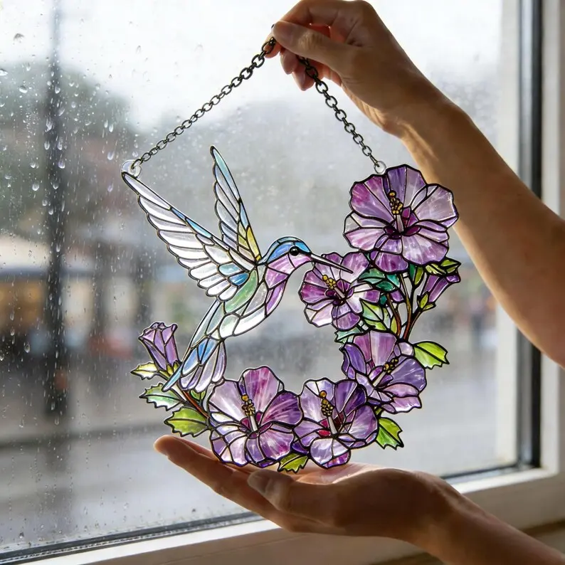 Hummingbird Window Art, Lavender Flower Glass Panel, Botanical Suncatcher Decor, Mother’s Day Gift