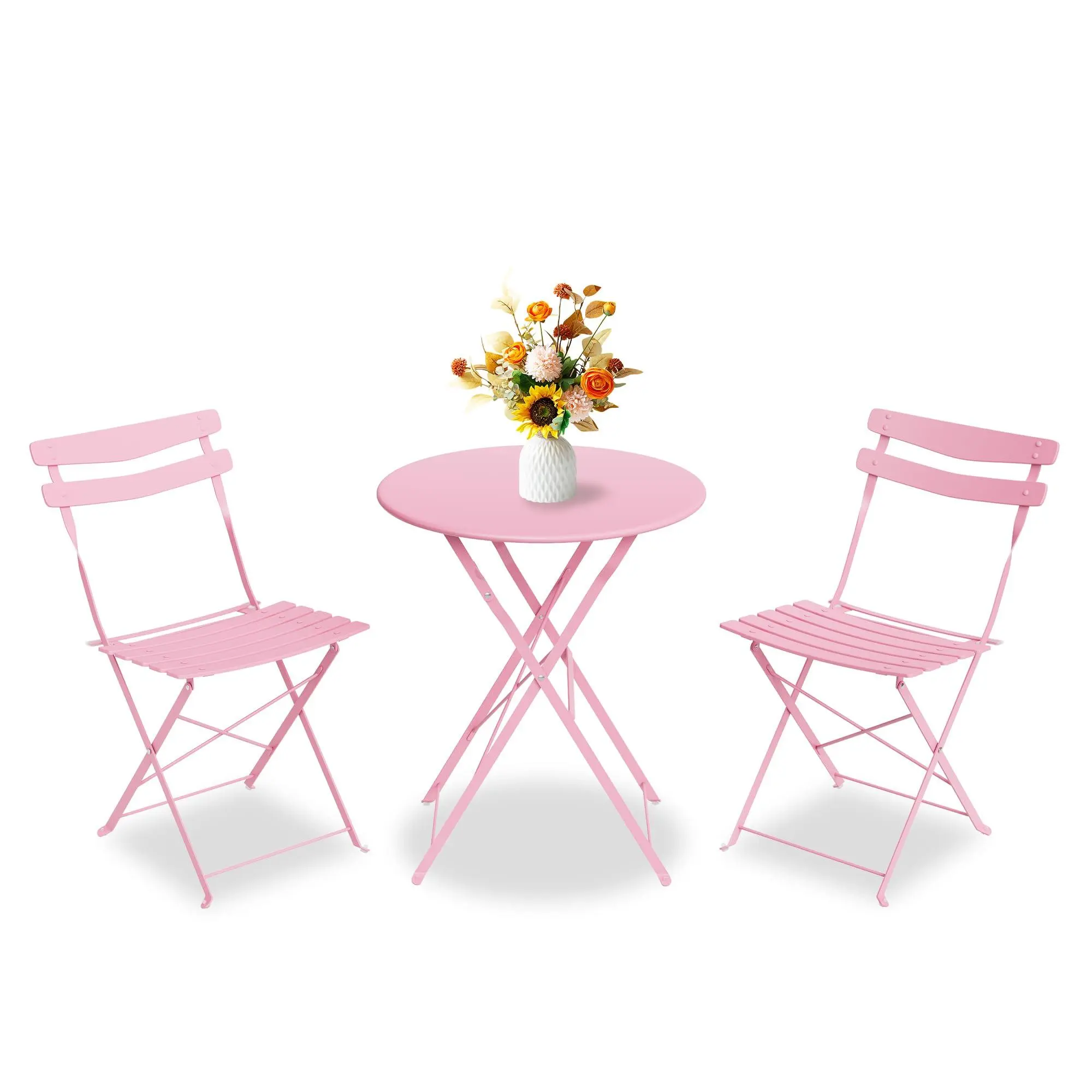 Space-Saving Collapsible Patio Bistro Set – 3-Piece Metal Table and 2 Chairs, No Assembly, Compact Outdoor/Indoor Furniture for Balcony, Garden, Yard – Pink