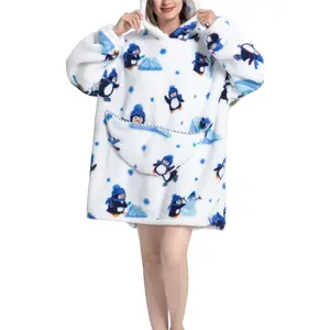 Penguin Full Print Hooded Blanket, Large Pocket, Unisex, Multiple Prints Available, Soft Comfort, Fall Winter Essential