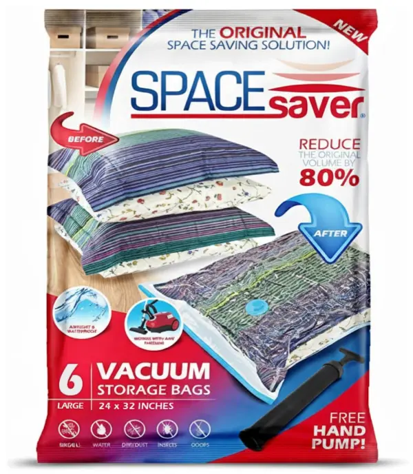 6 Pack Large Vacuum Storage Bags for Comforters, Blankets & Clothes – Vacuum Sealed Compression Bags with Hand Pump – Space Saver Storage Bags for Bedding, Moving, Travel & Organization