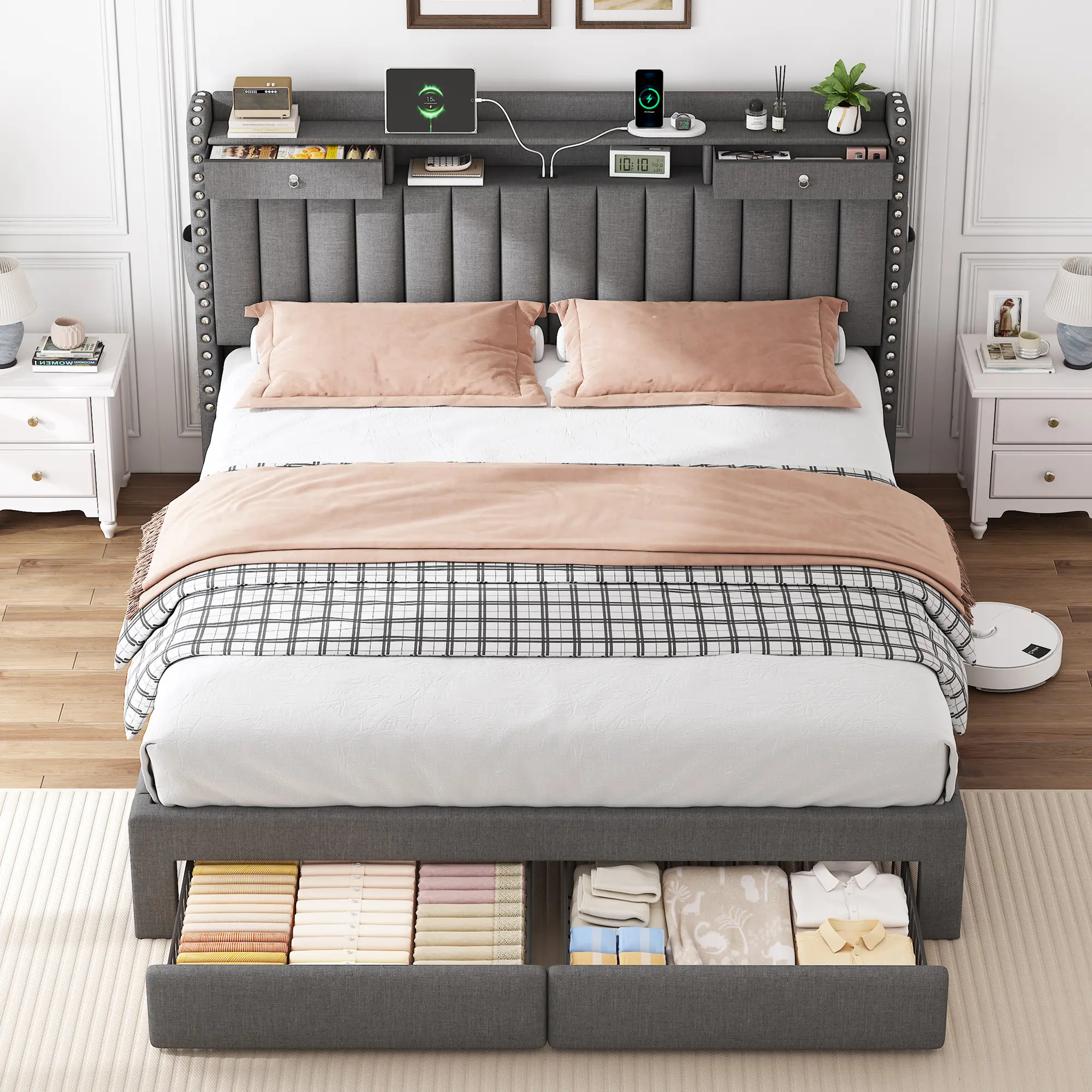 Trylazy  Bed Frame with 2 Metal Storage Baskets - Fabric Upholstered Headboard with Charing Station & Storage Drawers, Heavy-Duty Slats, Noise-Free, No Box SpringNeeded, No Mattress, Easy Assembly, Queen Full King Size