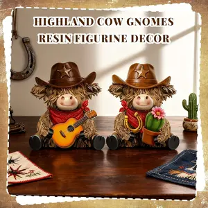 2 Piece Highland Cow Statue Decor, Western Cowboy Hat Resin Figurine, Farmhouse Home Garden Bathroom Kitchen Office Table Decoration Gift, Decorative Sculptures, Resin Animal Sculptures