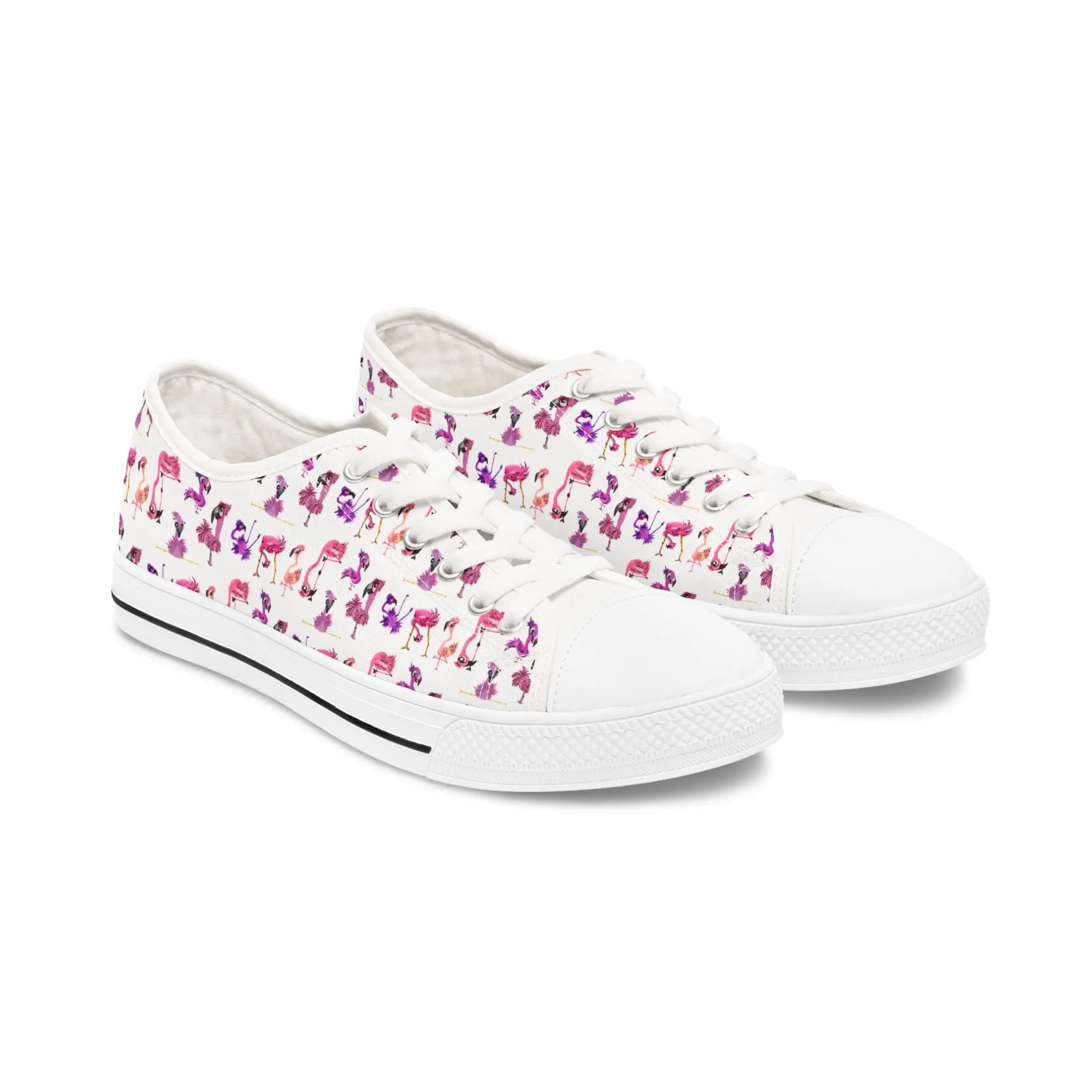 Women's Low Top Sneakers — White Backed Pink Flamingo Pattern Casual Canvas Shoes
