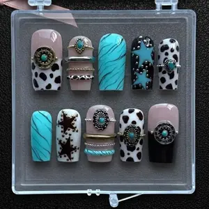 Western Cowgirl Press on Nails | Coastal Boho Jewelry Art | Turquoise Cow Print Stars Aesthetic Fake Nails