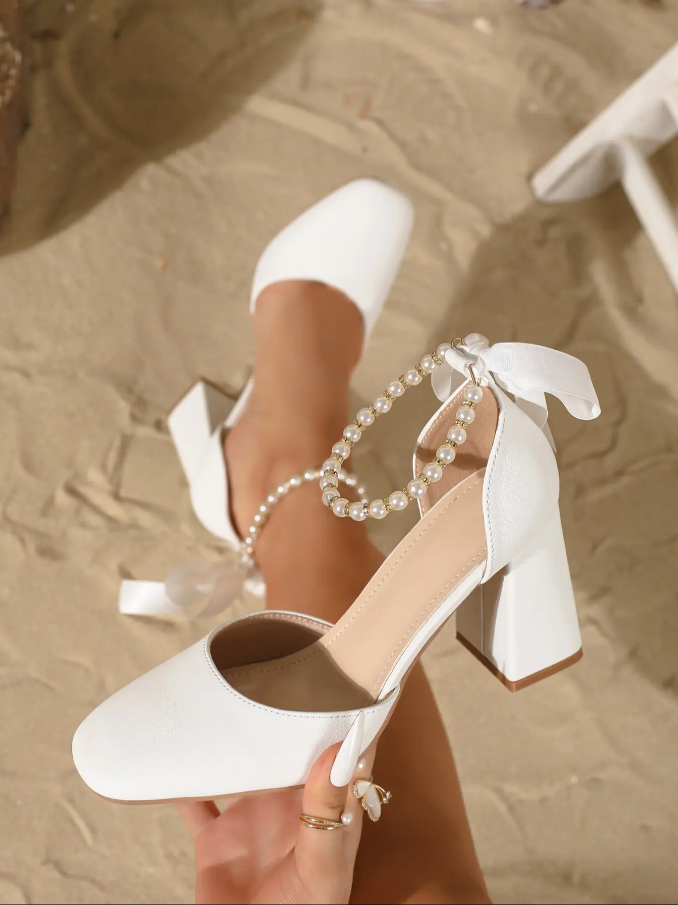 Elegant Square Toe High Heels with Pearl Ribbon Bow, Fashionable Chunky Heels for All Seasons, Stylish Open Design for Women, Chunky Heeled Shoe, Elegant Party Shoes, Elegant Evening Footwear, Bow Knots Heels