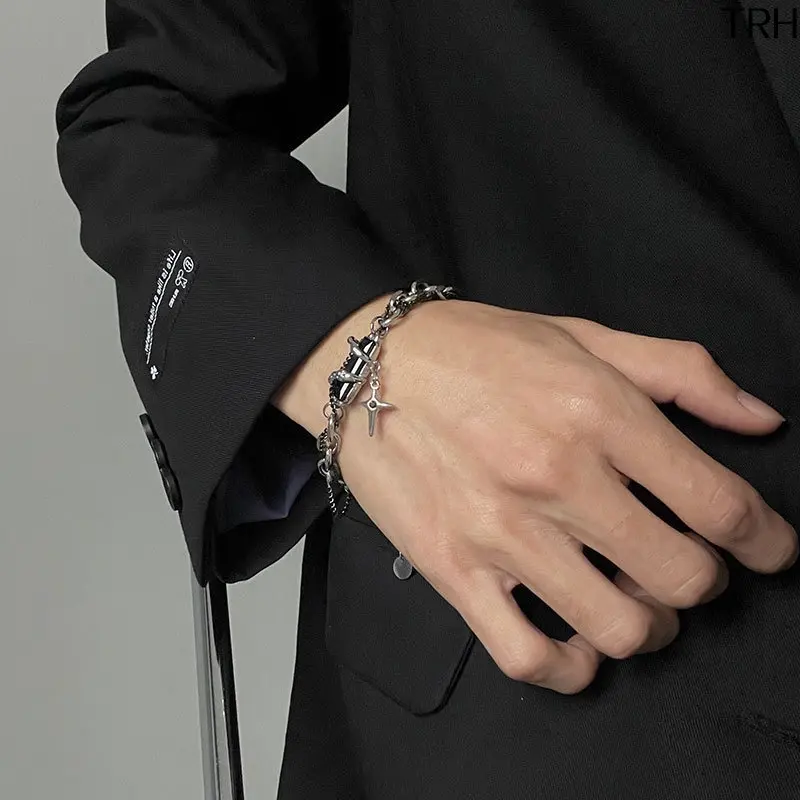 Men’s Layered Chain Bracelet, Gothic Star Cross Charm Bracelet with Black Crystal Inlay, Non‑Tarnish Two‑Tone Stacked Wrist Jewelry, Adjustable Cool Streetwear Bracelet, Ideal Daily Wear & Birthday Gift for Him, Punk Hip‑Hop Fashion Accessory