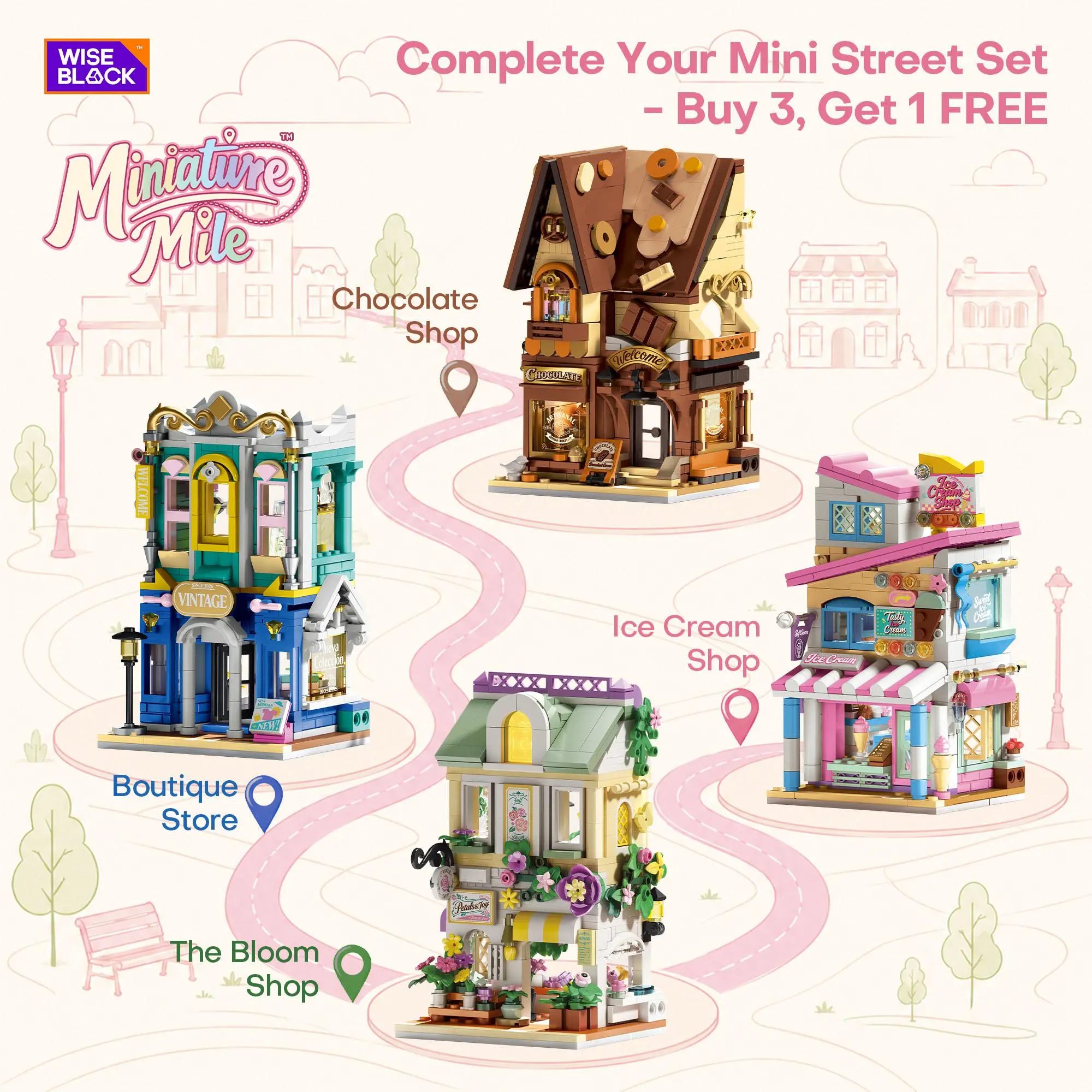 WISE BLOCK Miniature Mile Building Blocks, Cute Mini Street Shop Collection for Home Decor, Easy Build Construction Toy, House Architecture Book Nook Home Decor Birthday Gift for Adults or Girls 8-12 Years Office Set