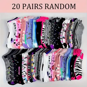 Random 20 pairs teen polka dots striped square cartoon animal contrasting color personality pattern solid color contrasting color boat socks invisible socks Unique Womenswear