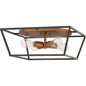 Flush Mount Ceiling Light - Open Frame, 4-Light, Industrial Minimalist - Bronze with Heirloom Brass Accents