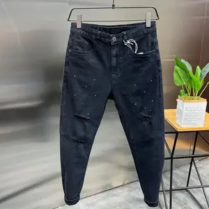 Fashion Ink Jet Black Hip Hop Stretch Vintage Slim Fit Casual Denim Jeans for Men Spring and Autumn Distressed Designer for Men