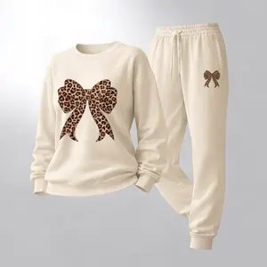 Women's Leopard Print Bow Print Crewneck Sweatshirt and Drawstring Track Pants Set, Casual Sportswear, Long-Sleeve Round Neck Top and Pants, Suitable for Spring, Autumn and Winter, Everyday Wear