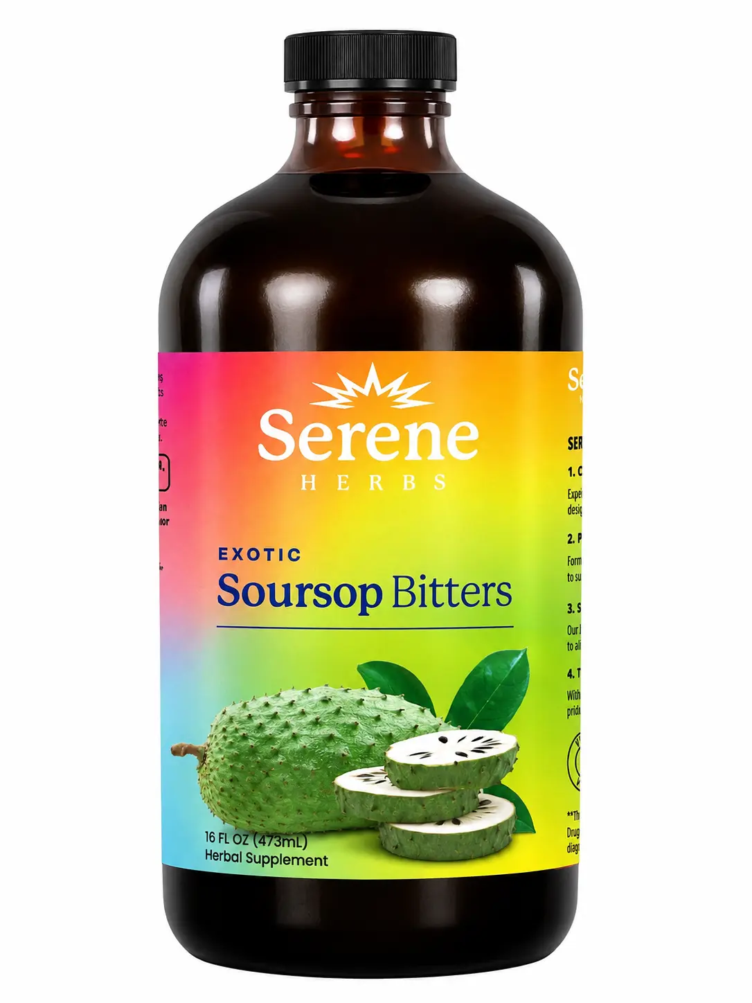 Serene Herbs Soursop Bitters Liquid with Soursop Leaves for Gut Cleanse, Detox & Immune Boost with Black Seed, Moringa, Irish Moss, Ashwaganda, Turmeric, 16 fl oz (16 Fl, Soursop)