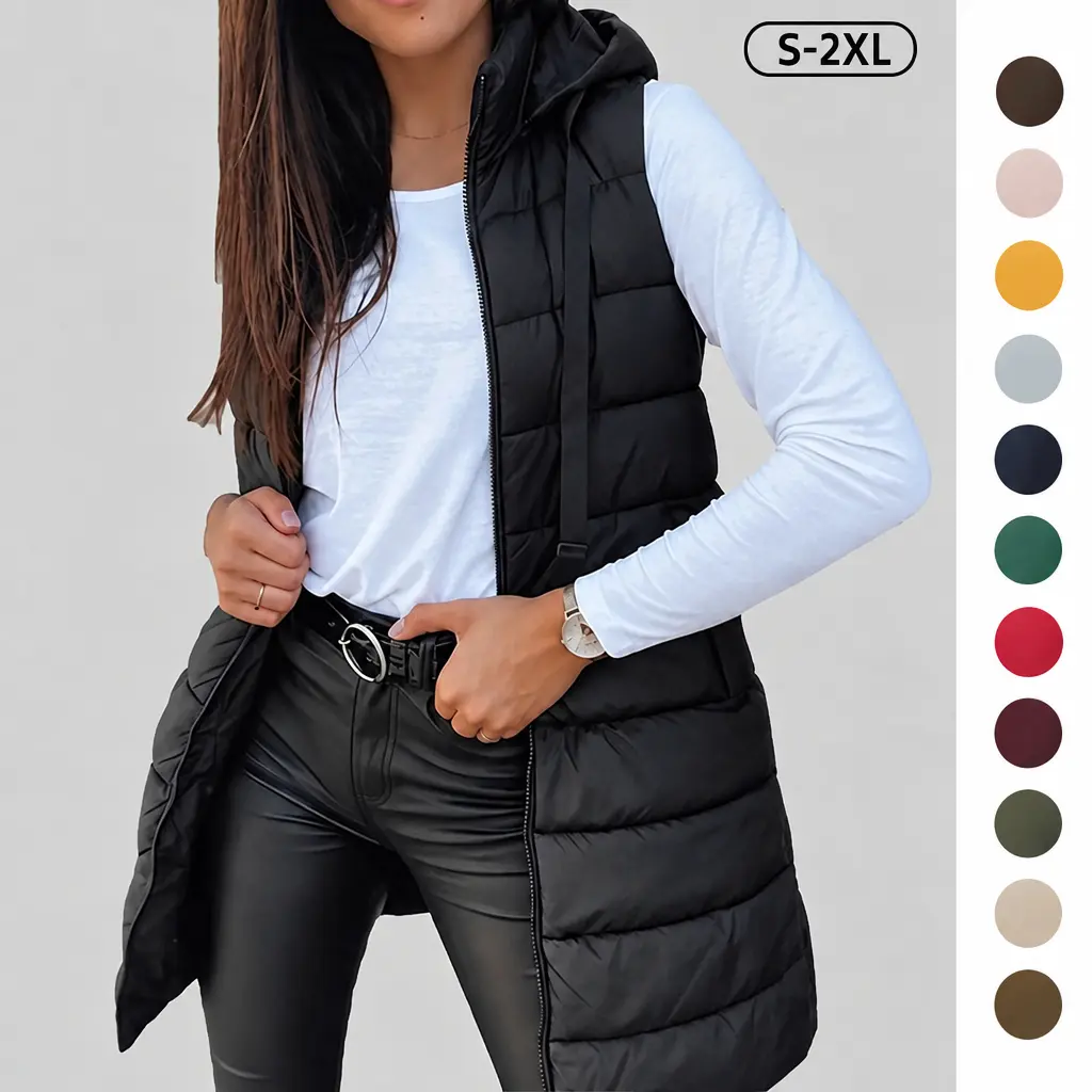 Women’s long solid-color sleeveless hooded winter vest jacket with zipper closure; suitable for casual layering in autumn and winter, ideal for daily commuting, outdoor walks, shopping, and weekend outings. Available in multiple sizes.