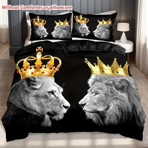3-piece Crown Lion King and Queen Leopard print duvet cover set (1 duvet cover+2 pillowcases, without core), Valentine's Day soft and comfortable Decorative duvet cover, suitable for bedroom and guest room home decoration