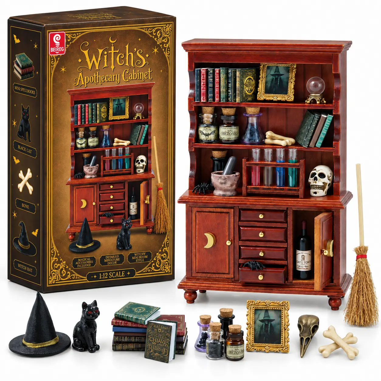 BEIREG Handcrafted 1/12 Scale Wood Bookshelf Dollhouse Playset, Unisex 6+ Years Toy with 1 Skull, Spider Scene, Magic Bottle Potion, Halloween Decor, Whimsical Handmade Details Delight, Oddities Gifts, Great Birthday Surprise