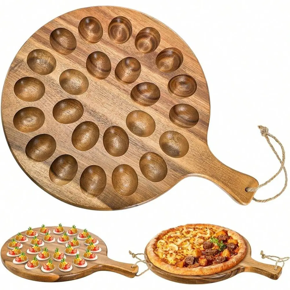 ODINSMANE 24 Holes Round Acacia Wood Deviled Egg Platter with Handle, Deviled Egg Tray Holder for Easter, Gathering, Thanksgiving & Parties