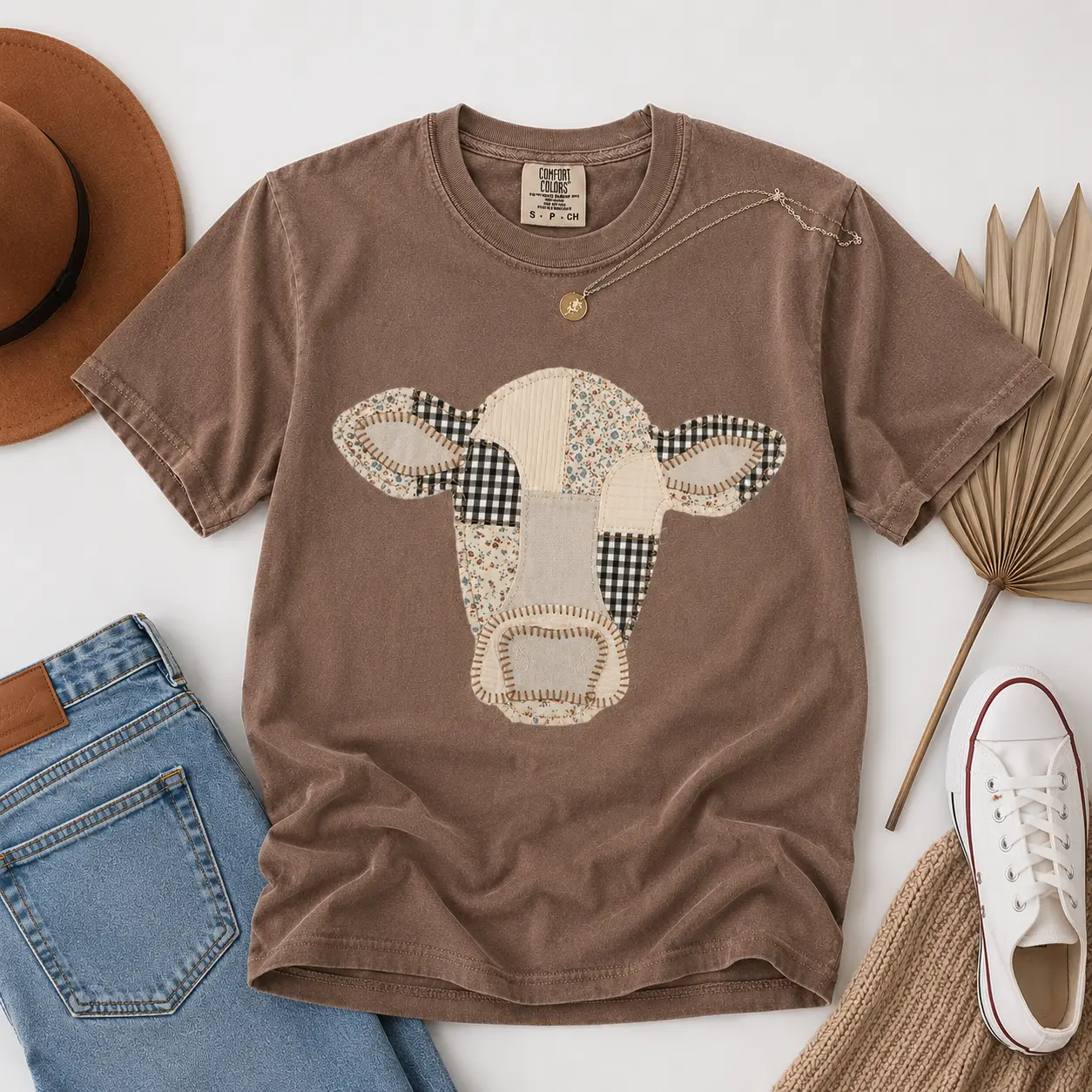 ( FAUX PATCHWORK-PRINT ) Comfort Colors Patchwork Cow T-Shirt, Quilted Farm Animal Head Tee, Gingham Floral Rustic Cow Lover Shirt, Cottagecore Farmhouse Gift, Printed Shirt - TrendWear USA