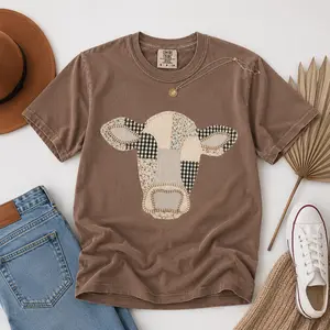 ( FAUX PATCHWORK-PRINT ) Comfort Colors Patchwork Cow T-Shirt, Quilted Farm Animal Head Tee, Gingham Floral Rustic Cow Lover Shirt, Cottagecore Farmhouse Gift, Printed Shirt - TrendWear USA