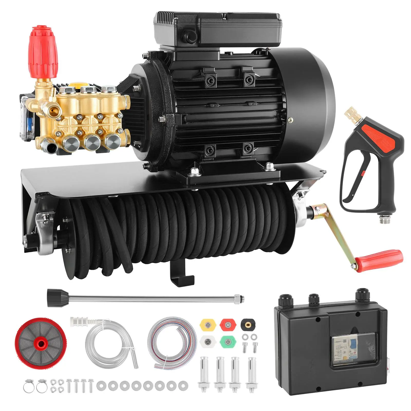 【Summerfinds】VEVOR Heavy Duty Rust-Resistant Brass Triplex Electric Pressure Washer Pump Full Set, 1950 PSI, 3.2 GPM, 5 HP 240V Motor, Wall Mount Bracket, Spray Gun, Wand, Hose, 5 Nozzles, Easy Existing Pump Upgrade, Tackles Car/Driveway Stubborn Grime
