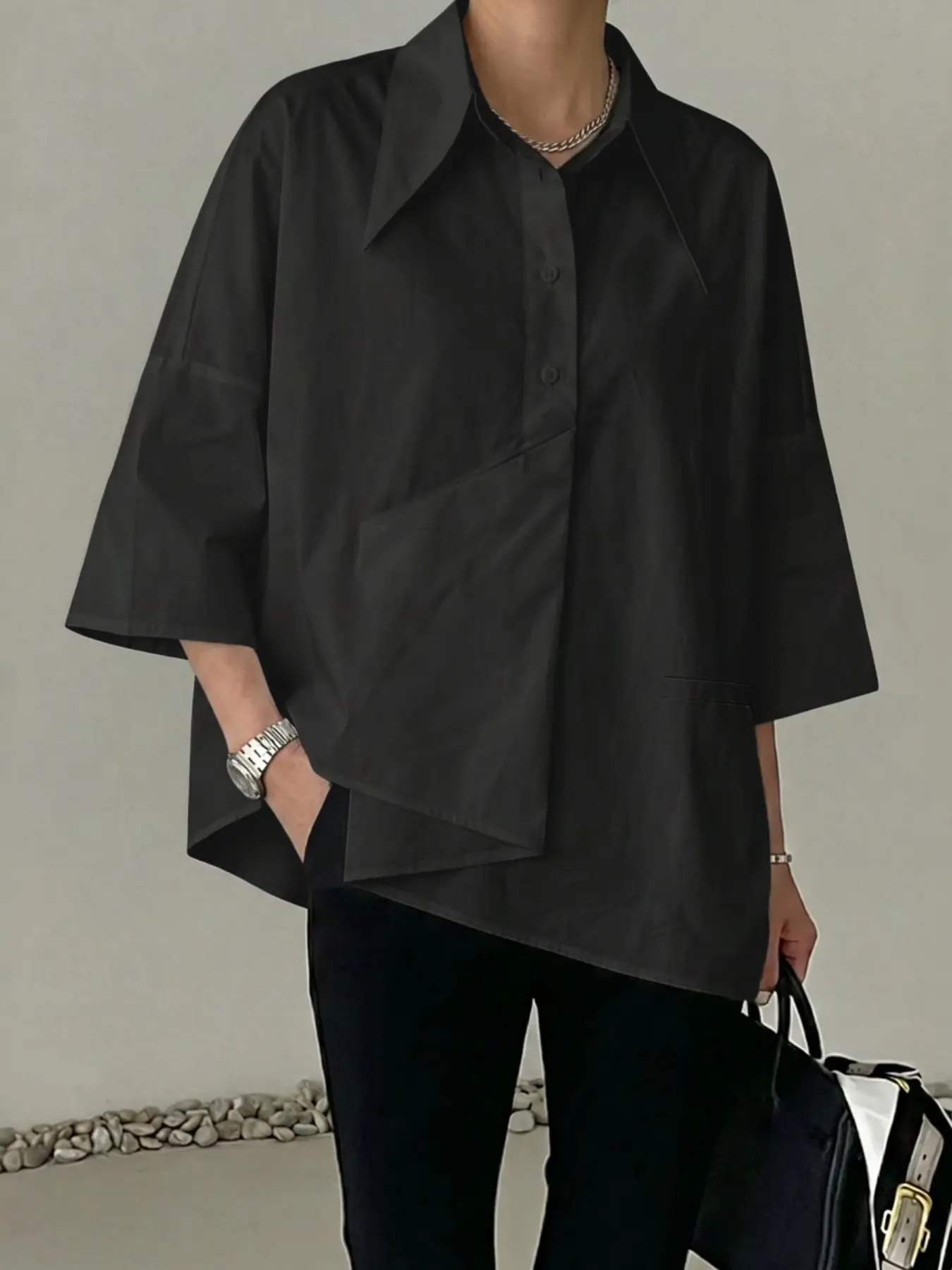 Women's Solid Color Button Loose Fit Woven Shirt, Casual Neck Top for Autumn and Winter, Everyday Wear Blouse for Women