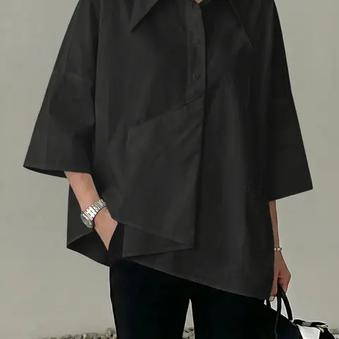 Women's Solid Color Button Loose Woven Shirt, Casual Trendy Neck Top for Autumn and Winter, Everyday Wear Blouse for Women