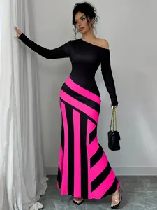A women's geometric stripe, Striped design black pink contrast cross-shoulder long-sleeved fishtail long dress is suitable for single wear, interior and exterior wear, retro modern style, party fashion style and other stylings