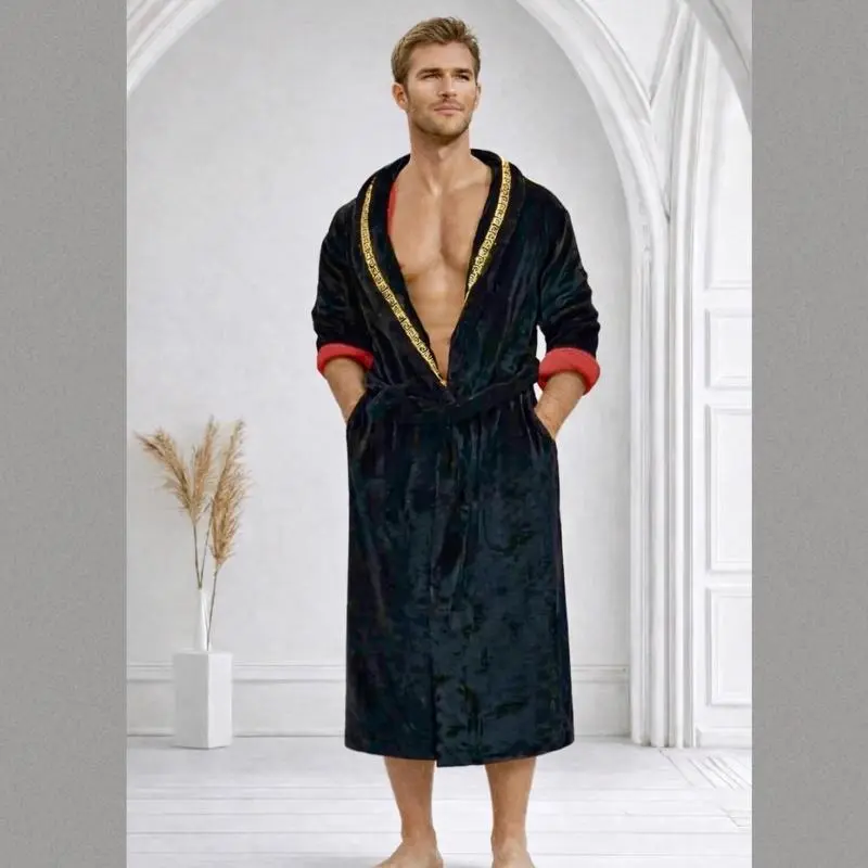 The Royal King Robe ~ double layer fleece, red interior, black exterior, with gold Greek key trim ~ ultra plush mens bathrobe, stylish loungewear Menswear Belt Nightwear