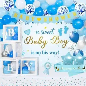 Baby shower decorations for boy blue baby party decor kit with balloons boxes blue balloon garland backdrop banner and tablecloth and baby shower sash baby boy shower decorations